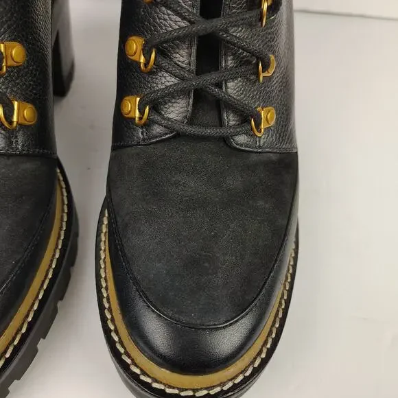 Tory Burch Miller 95mm Lug Sole Lace Up Bootie Black Hiking Boot Size 9.5 - Picture 9 of 14